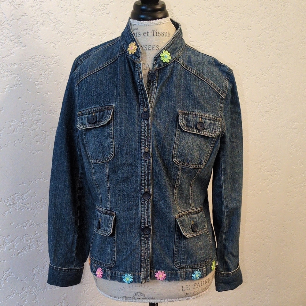 Mossimo Supply Co. Blue Jean Jacket with Floral Details, Size Large
